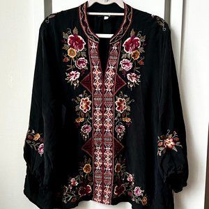 JOHNNY WAS Embroidered Tunic * 100% SILK * Black * Long Sleeves * Size XXL